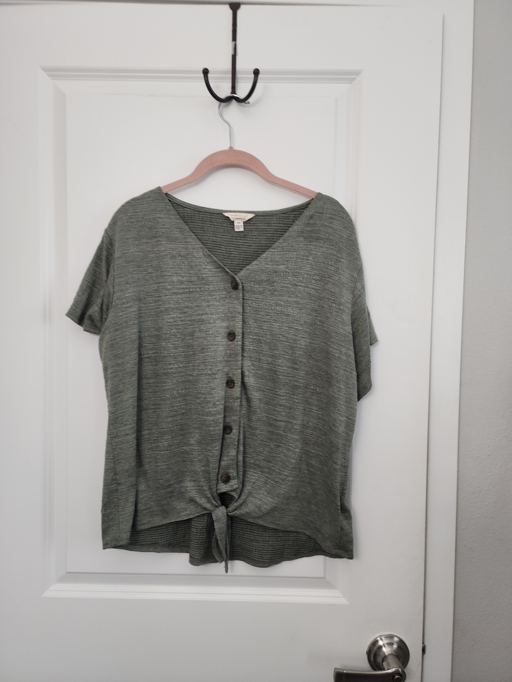 5/$30 Knit Button-Front Tie Hem Top in Olive Green